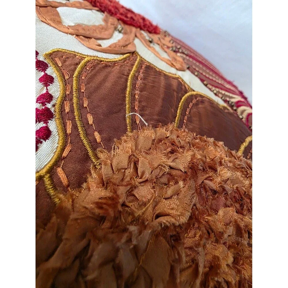 Pier 1 Floral Beaded Embroidered Square Ribbon Burgundy Rust Pillow Cover 18x18
